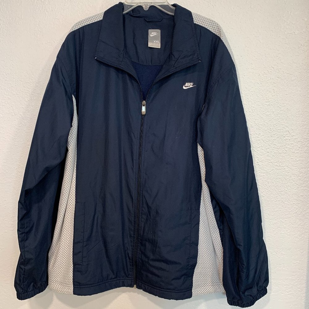 Nike Windbreaker Track Jacket Full Zip Men XXL Navy Blue White Toggle Adjust Hem